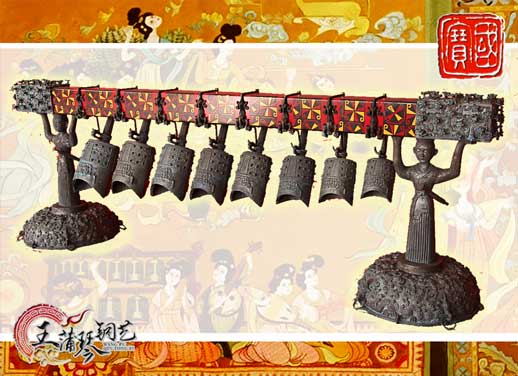8件古編鐘，銅人銅座裝飾，可發(fā)音